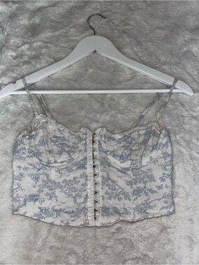 Edikted White & Light Blue Floral Hook-Front Corset Crop Top
